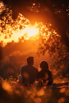 浪漫午后黄昏看日落的情侣图片